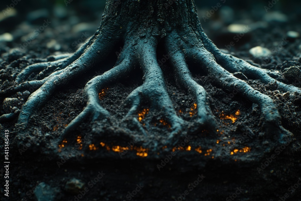 Poster roots intertwined with glowing minerals create an enchanting scene at twilight in a serene forest