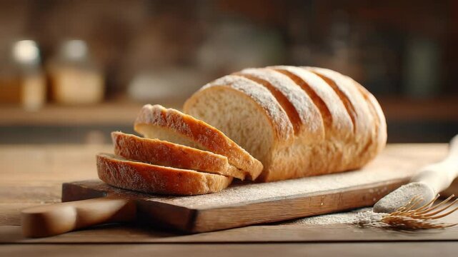 Freshly Baked Sliced Bread on Wooden Board Symbol of Comfort, Food Security, and Joy of Baking in Kitchen