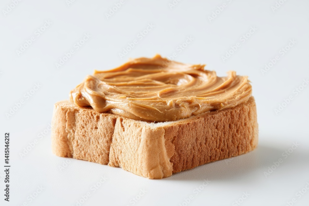 Poster delicious and creamy peanut butter generously spread on a slice of soft white bread a simple and com