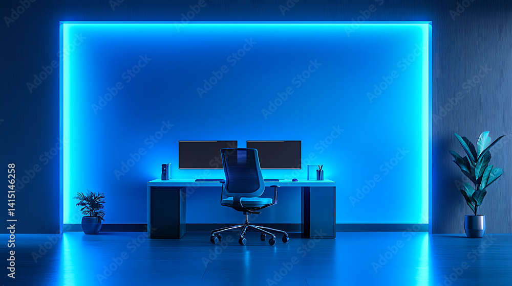Poster a computer desk with a chair and two monitors
