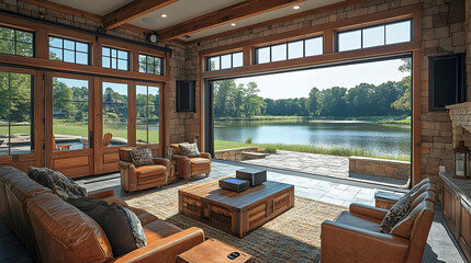 Naklejka premium Rustic great room with lake views