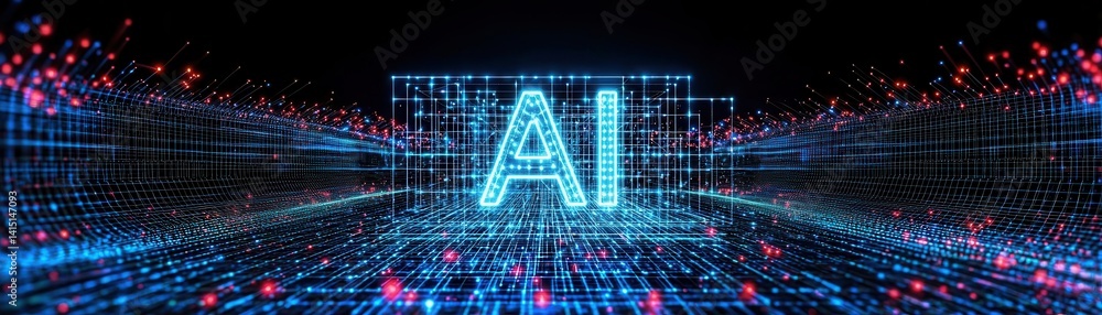 Poster a futuristic digital landscape featuring the letters 