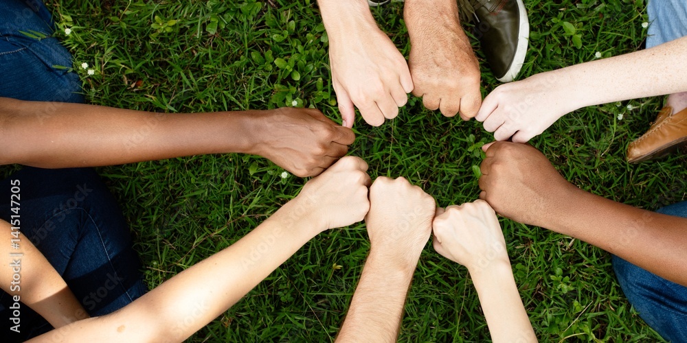 Poster diverse community with hands in a circle. nature and environment. diverse group of people hands toge