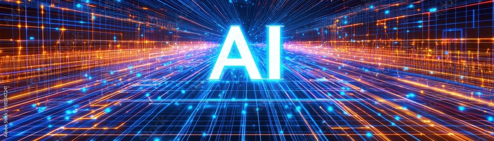 Poster a vibrant digital representation of ai, featuring glowing lines and grids that convey a sense of hig