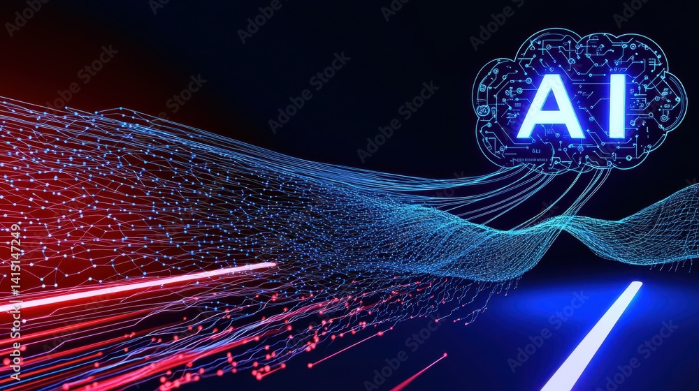 Poster a vibrant digital representation of artificial intelligence, featuring flowing lines and a prominent