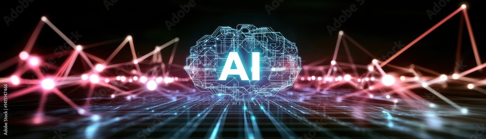 Poster a futuristic representation of artificial intelligence with a digital brain and interconnected data 