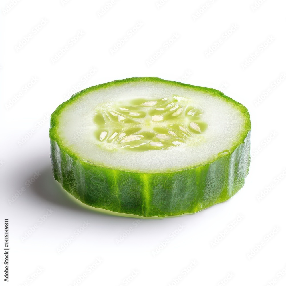 Poster fresh cucumber slice close up of a juicy green cucumber round isolated on white background