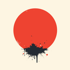 Abstract red circle with black ink splatter on cream background