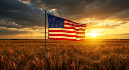 American Flag Waving in Wheat Field at Sunset – Patriotic Rural Landscape