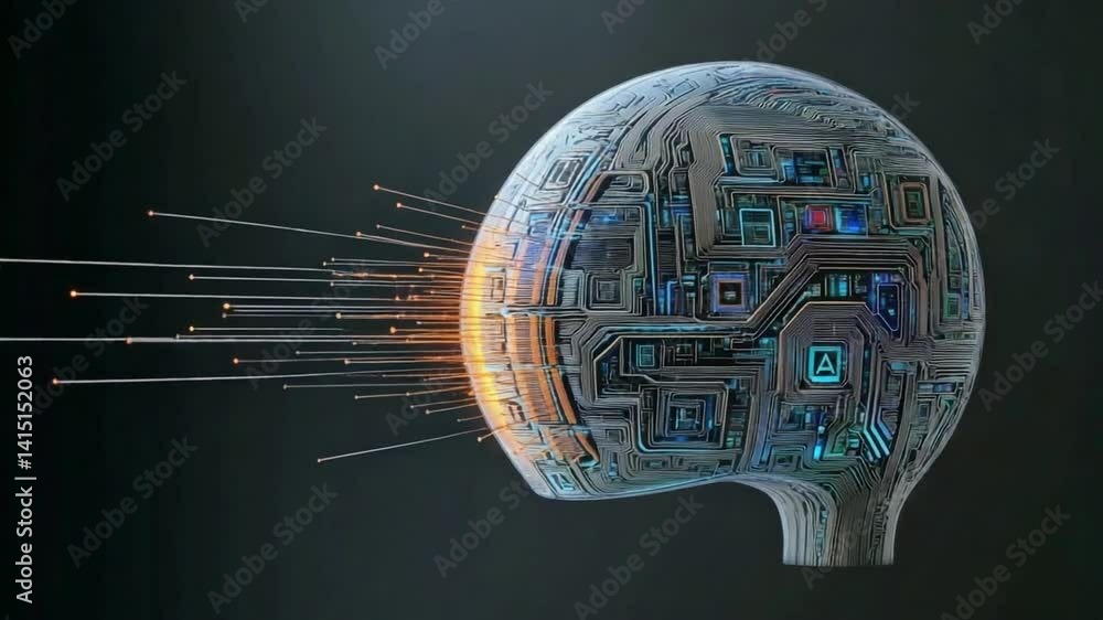Poster futuristic head silhouette made of circuit board patterns with colorful light effects representing a