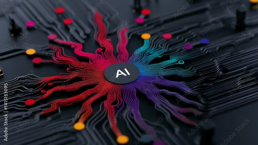 Poster abstract circuit design showcasing ai technology with vibrant colors and intricate connections repre
