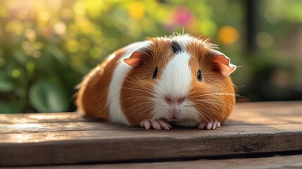 Adorable Close-Up of a Cute Guinea Pig Relaxing on a Wooden Surface