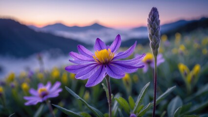 Purple Flower Blooming Against Mountain View at Dusk