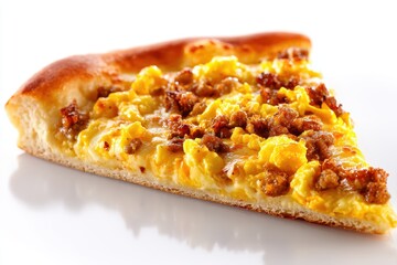 Close up delectable slice of breakfast pizza with scrambled eggs and sausage on a white surface