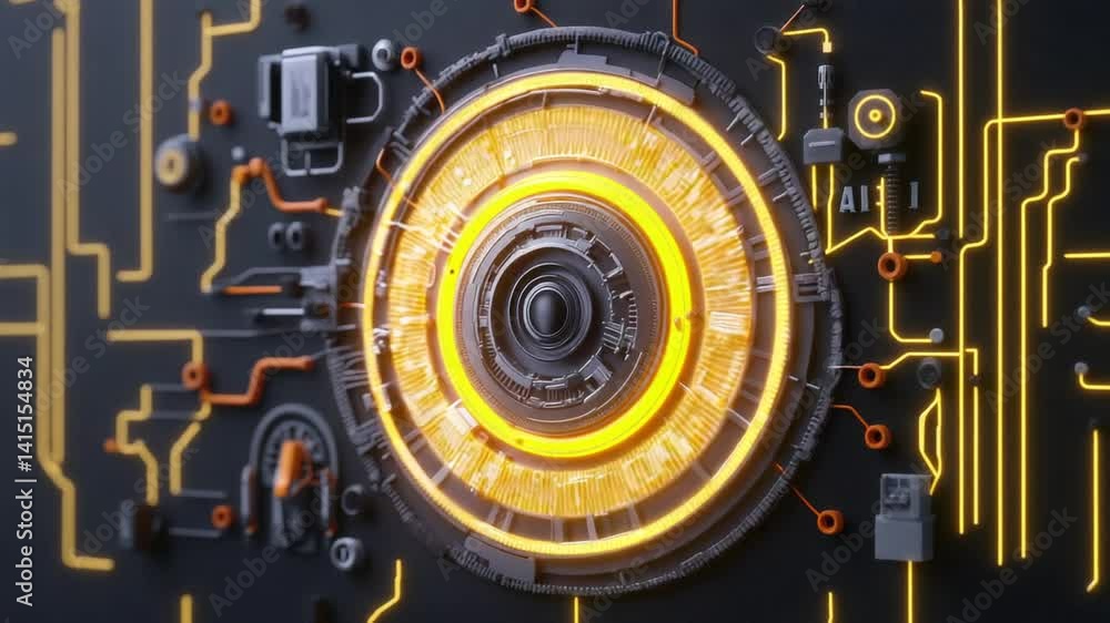 Poster intricate technological design featuring circular patterns and vibrant orange highlights against a d