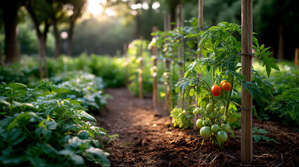 Lush garden bed with tall tomato plants supported by wooden stakes and string dewy leaves and ripening tomatoes glowing in soft morning light
