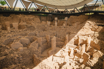 Ruins at Göbekli Tepe, one of the oldest human-made sites ever discovered, located in ancient...