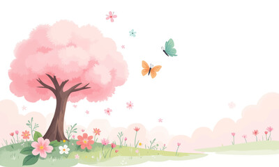 Spring Blossom Tree With Butterflies and Flowers