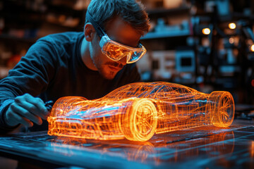 A modern conceptual illustration of an engineer or designer working with a holographic model of a sports car. 