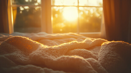 Soft glowing sun rising outside a bedroom window, casting gold on a pile of cozy blankets,
