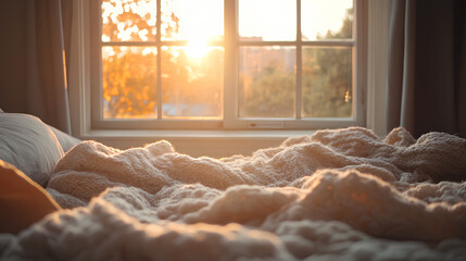 Soft glowing sun rising outside a bedroom window, casting gold on a pile of cozy blankets,