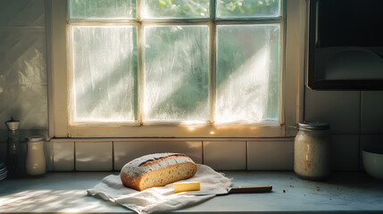 Vintage-style morning kitchen with sunlight flooding in through a window,   a loaf of bread and butter
