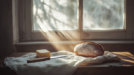 Vintage-style morning kitchen with sunlight flooding in through a window,   a loaf of bread and butter