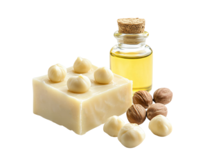 Macadamia oil soap bar with macadamia nuts and a bottle of macadamia oil arranged esthetically on transparent background