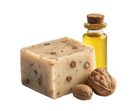 Candlenut oil soap bar with kemiri nuts and a small bottle of candlenut oil beside on transparent background
