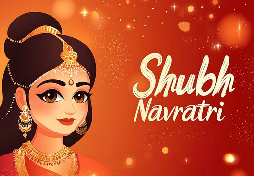 Happy navratri poster background, subh navratri, Durga puja background with Goddess Durga Face Illustration
