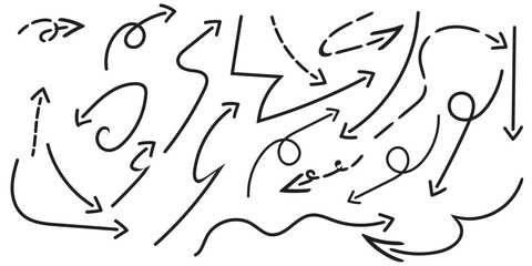 set of hand drawn arrow icons in various shapes and styles on a white background