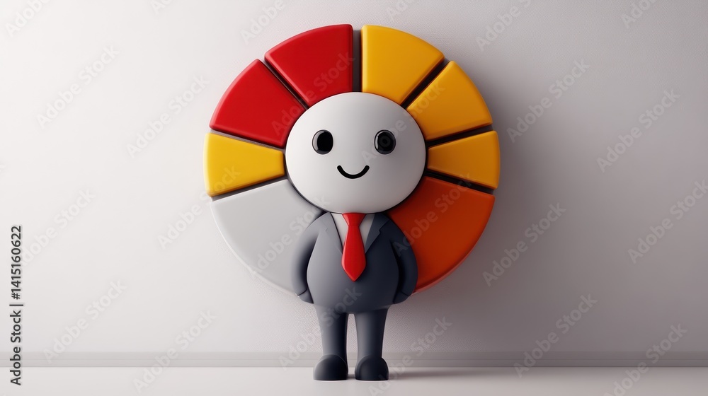 Poster a cheerful pie chart character in a suit symbolizing business data visualization and fun stati