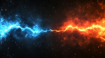 Dynamic electric blue and red lightning bolts clash against a dark background, creating a dramatic and vibrant visual effect.