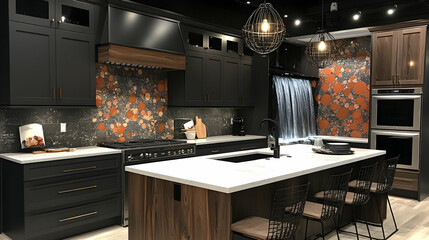 Modern kitchen features black cabinets waterfall backdrop granite  copper backsplash white countertops and wire cha