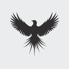 A stylized black silhouette of a bird