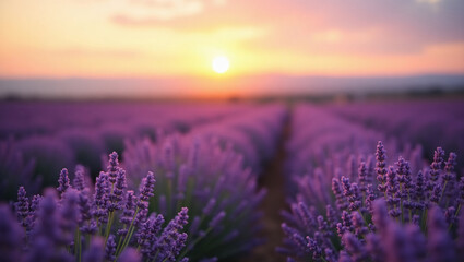 Obraz premium Lavender flower field, Blooming Violet fragrant lavender flowers. Growing Lavender swaying on wind over sunset sky, harvest, perfume ingredient, aromatherapy. Lavender field, Perfume ingredient