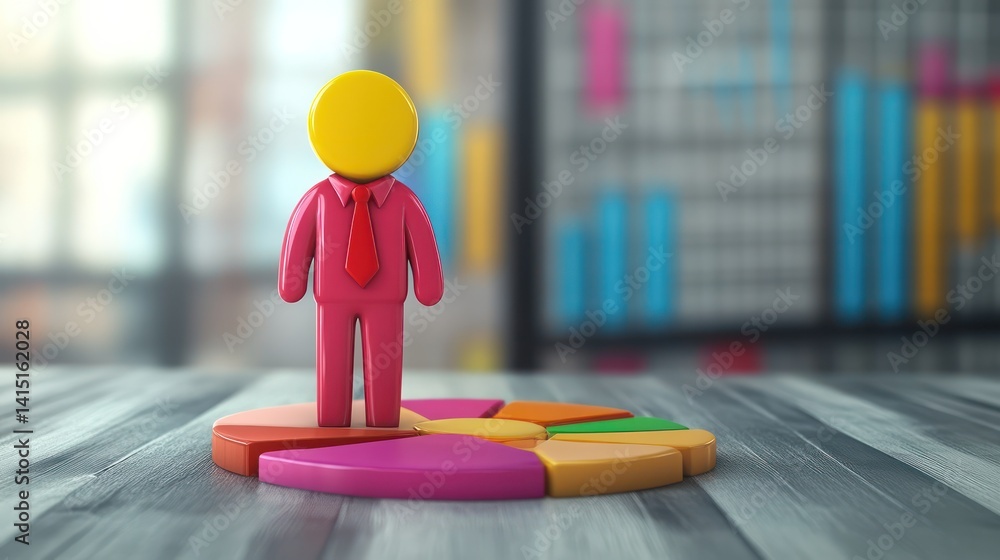 Poster 3d businessman figure on pie chart base with graphs in background