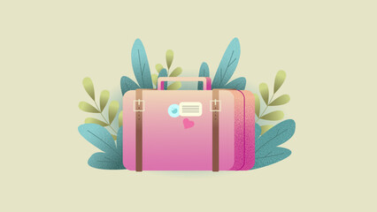 Pink travel suitcase with plants and paper stickers. Summer travel concept. Flat vector illustration isolated on light green background.