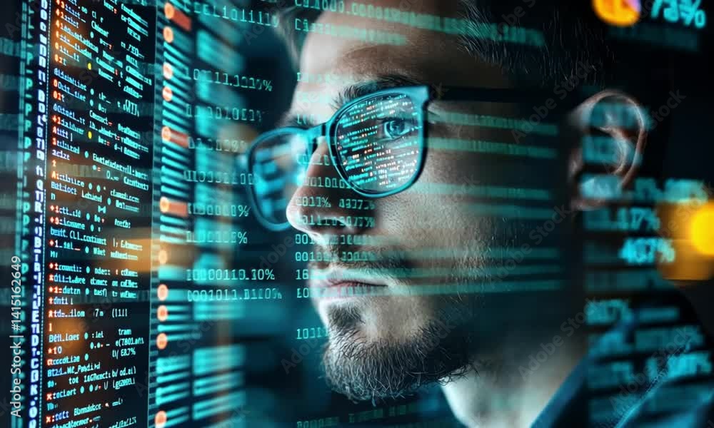 Poster programmer focused on code, digital world, technology and innovation