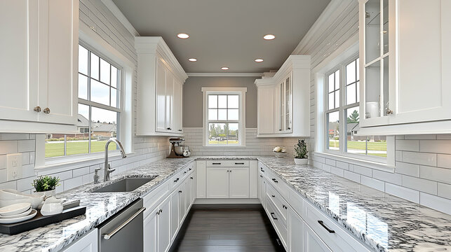 Pristine white kitchen featuring marble countertops and natural light streaming through the windows complemented by dar