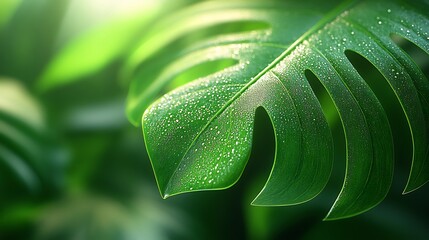Fototapeta premium Dew-Kissed Monstera Leaf: A Symphony of Green