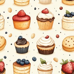 cute repeating illustration of homey bakery with cakes and warm coffee