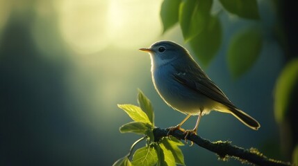 Obraz premium Bird perched on branch, sunrise, lush foliage, peaceful scene