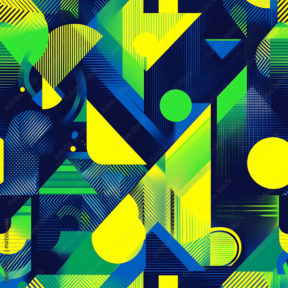 Aufkleber bold geometric pattern with circles, triangles, and lines in vibrant blue and green colors creates d