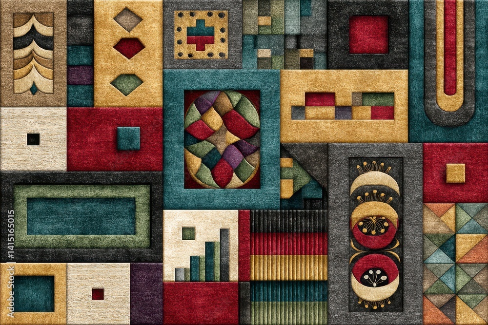 Poster Abstract Geometric Textile Design with Textured Squares and Diverse Patterns