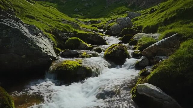 Scenic mountain stream cascades over mossy rocks, surrounded by lush green hills