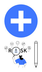 Obraz premium Woman using magnifier to examine risk factors symbolized by icons, framed by a bold plus sign and a vertical pen. Ideal for analysis, problem-solving, strategy, healthcare, finance, risk management