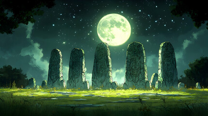 Under a bright moon ancient stones with carvings stand serenely in a green field silhouetted against a starlit sky