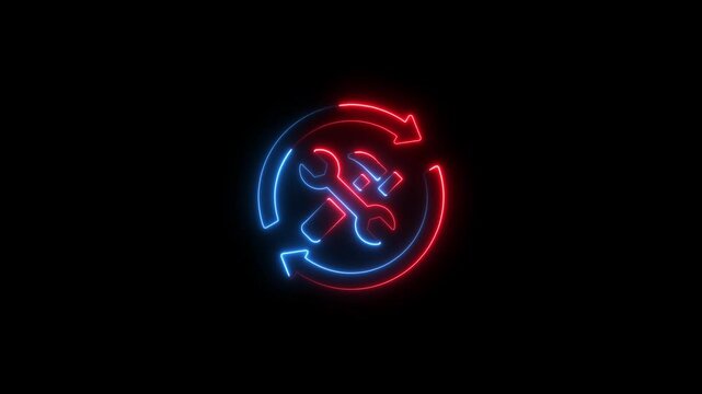 Glowing neon maintenance icon isolated on black background. HD Video motion graphic animation