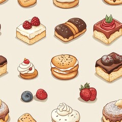 seamless background with tiny cakes, eclairs, and bread, pastel tones, vector style